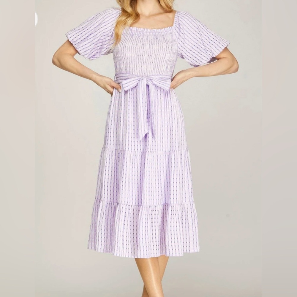 SHE + SKY Puff Sleeve Plaid Lavender Lined Midi Dress With Tie Size 2XL NWT